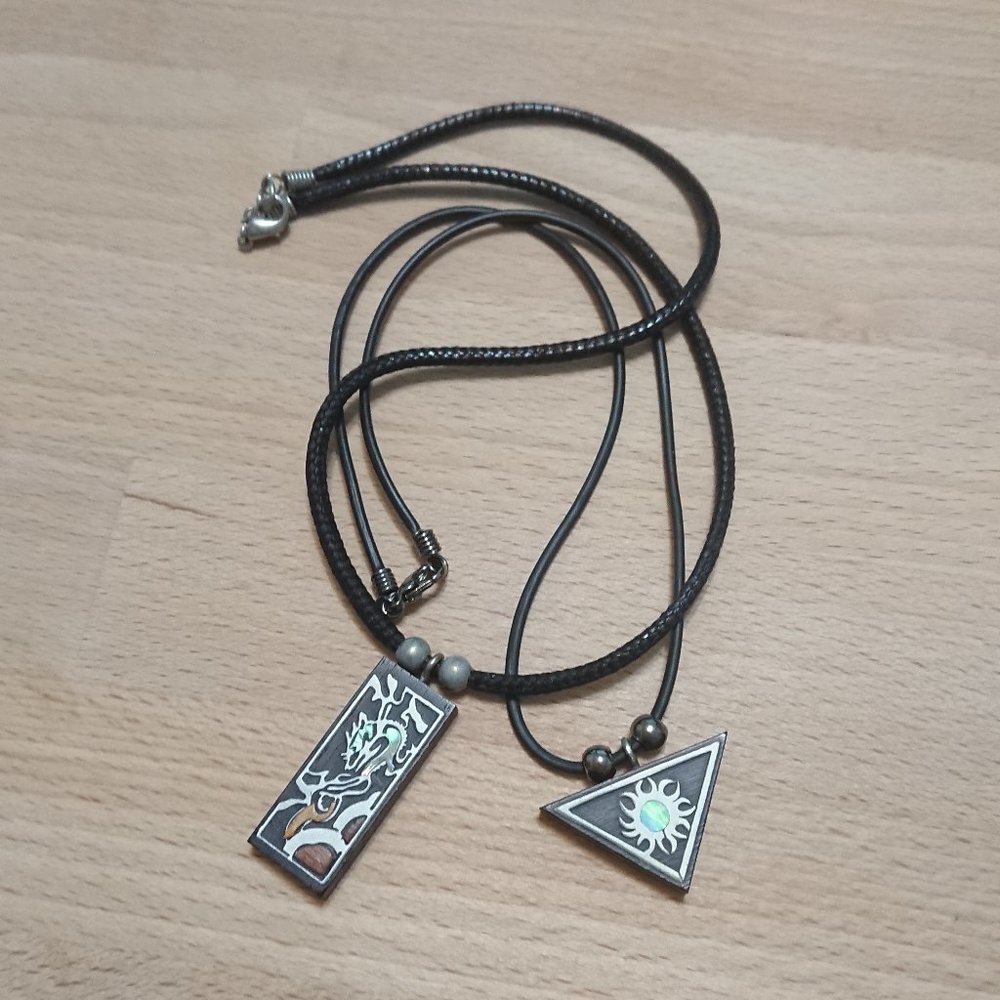 Necklace inlaid wood pendant mother of pearl metal